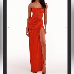 Milla- Coral Orange Strapless Corset Bustier Maxi Dress With Slit Size Xxs